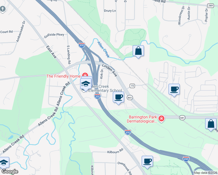 map of restaurants, bars, coffee shops, grocery stores, and more near 92 Astor Drive in Rochester