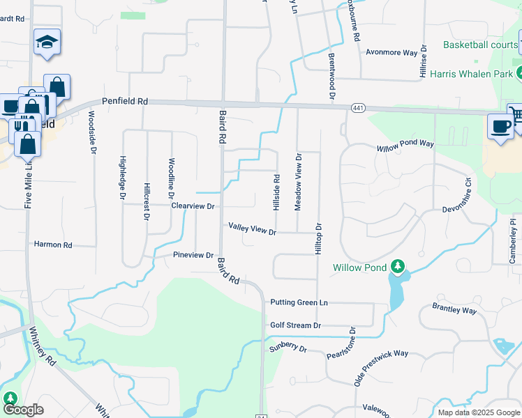 map of restaurants, bars, coffee shops, grocery stores, and more near 117 Clearview Drive in Penfield