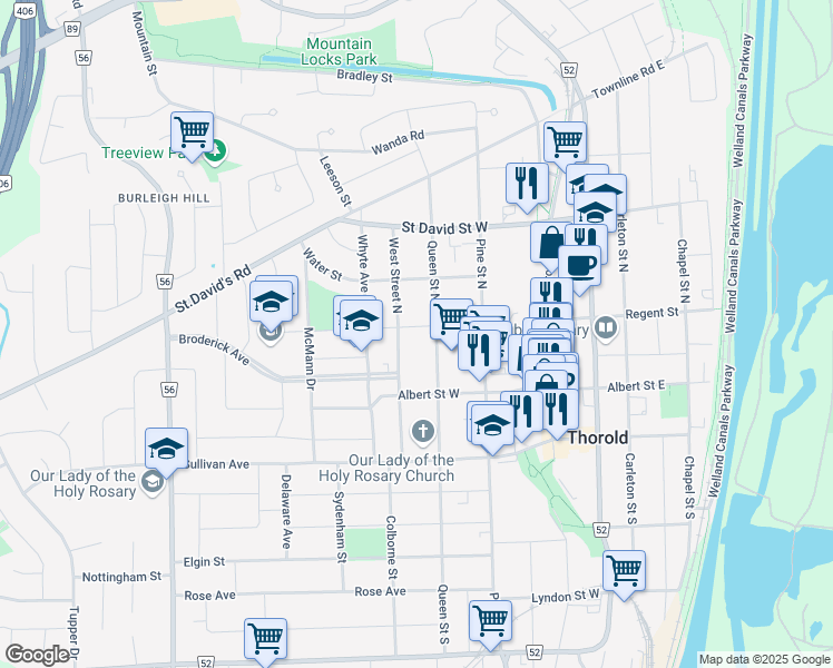 map of restaurants, bars, coffee shops, grocery stores, and more near 23 Ann Street in Thorold