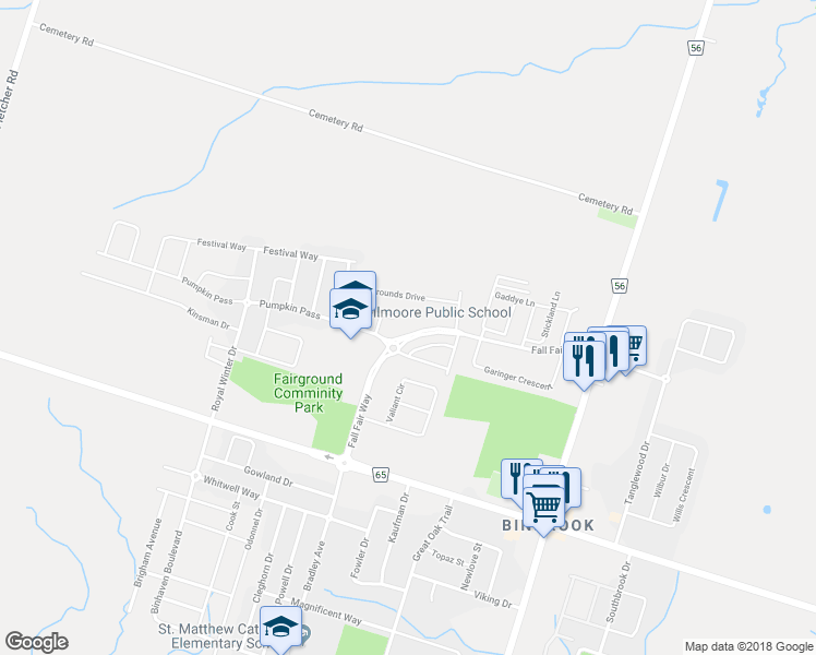 map of restaurants, bars, coffee shops, grocery stores, and more near 199 Fall Fair Way in Hamilton