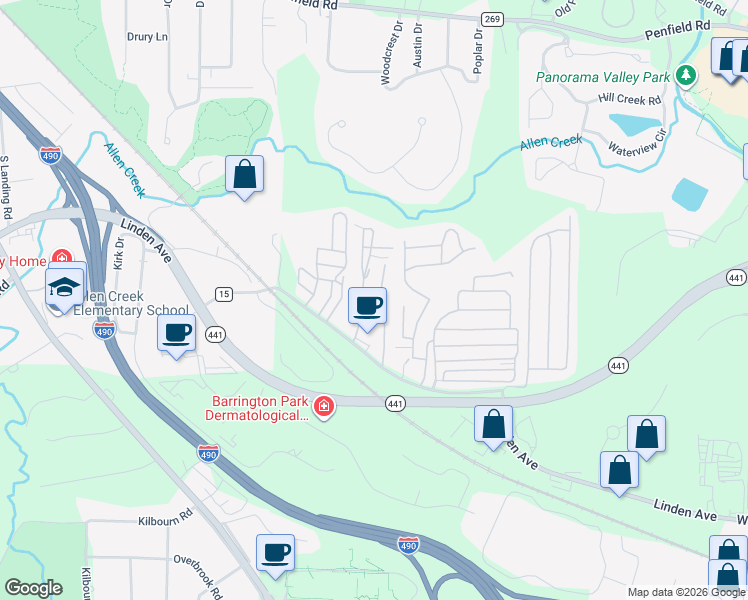 map of restaurants, bars, coffee shops, grocery stores, and more near 21 Ewald Drive in Rochester