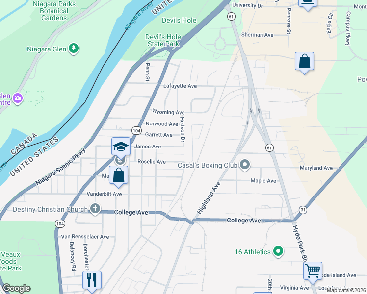 map of restaurants, bars, coffee shops, grocery stores, and more near James Avenue in Niagara Falls
