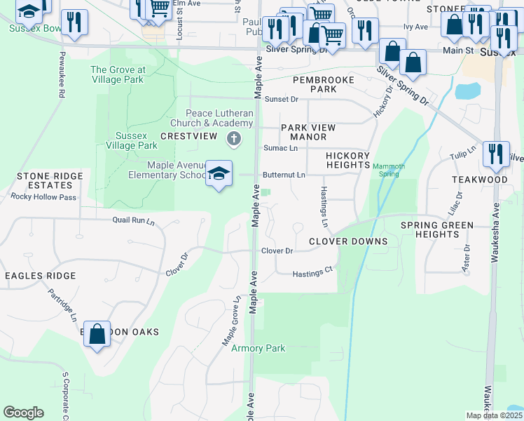 map of restaurants, bars, coffee shops, grocery stores, and more near W239 N6000 Maple Avenue in Sussex