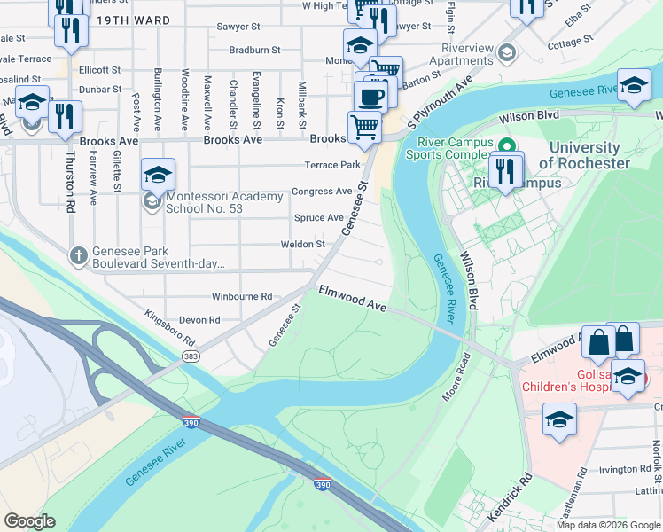 map of restaurants, bars, coffee shops, grocery stores, and more near 2 Arvine Heights in Rochester