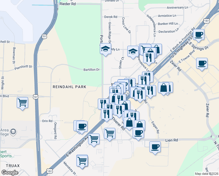 map of restaurants, bars, coffee shops, grocery stores, and more near 4013 Duke Street in Madison