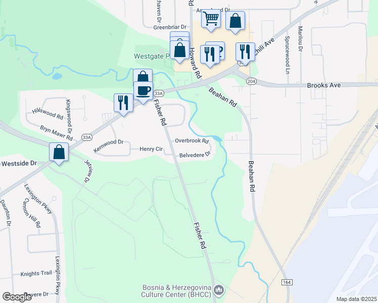 map of restaurants, bars, coffee shops, grocery stores, and more near 42 Belvedere Drive in Rochester