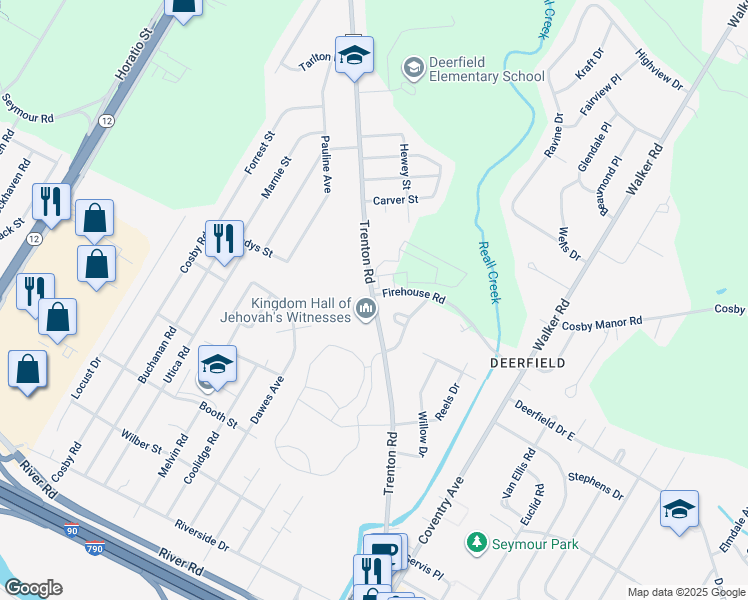 map of restaurants, bars, coffee shops, grocery stores, and more near County Road 91 in Utica