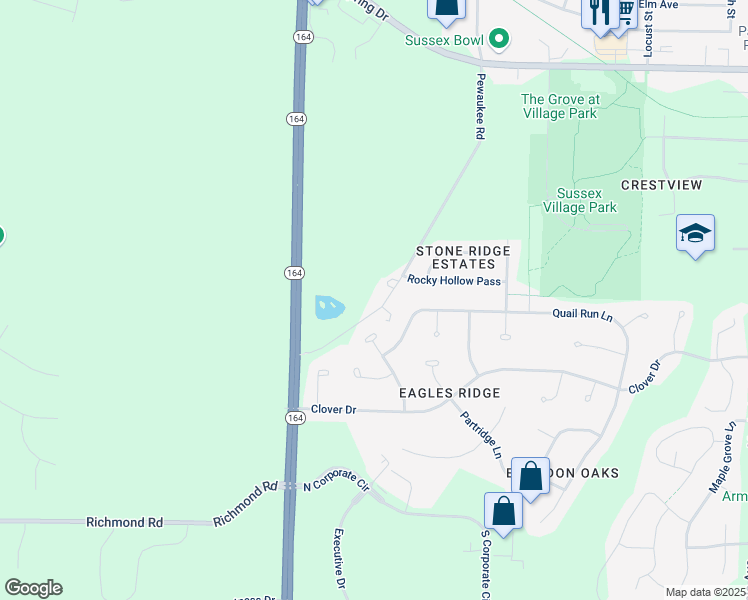 map of restaurants, bars, coffee shops, grocery stores, and more near W247N6063 Pewaukee Road in Sussex