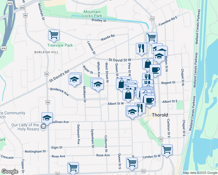 map of restaurants, bars, coffee shops, grocery stores, and more near 29 Ann Street in Thorold