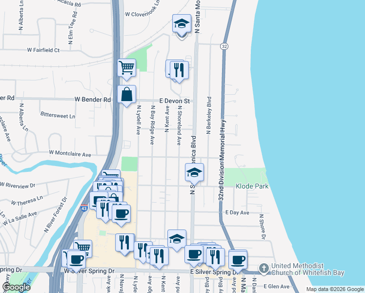 map of restaurants, bars, coffee shops, grocery stores, and more near 6028 North Shoreland Avenue in Whitefish Bay