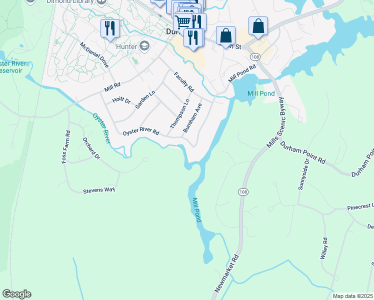 map of restaurants, bars, coffee shops, grocery stores, and more near 54 Oyster River Road in Durham