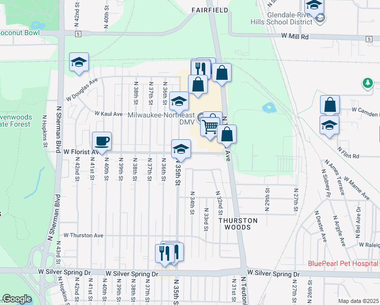 map of restaurants, bars, coffee shops, grocery stores, and more near 3414 W Florist Ave in Milwaukee
