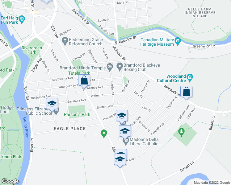 map of restaurants, bars, coffee shops, grocery stores, and more near 56 Walter Street in Brantford