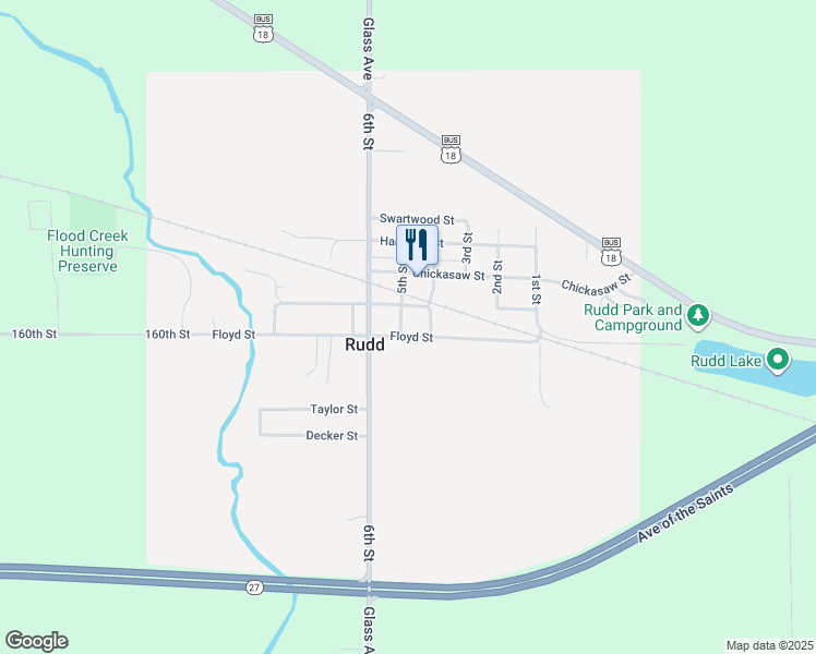 map of restaurants, bars, coffee shops, grocery stores, and more near 410 Floyd Street in Rudd