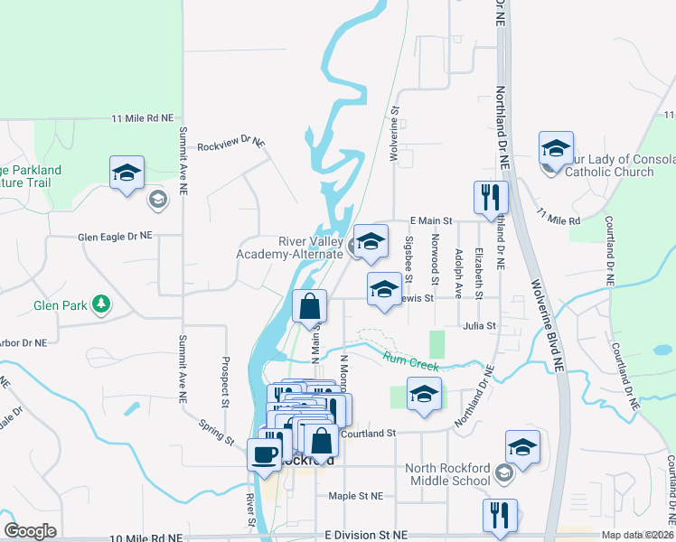 map of restaurants, bars, coffee shops, grocery stores, and more near 327 North Main Street in Rockford