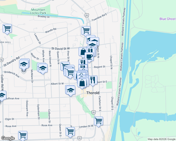 map of restaurants, bars, coffee shops, grocery stores, and more near 1 Boundary Lane in Thorold