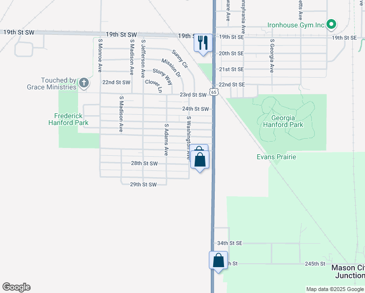 map of restaurants, bars, coffee shops, grocery stores, and more near 114 27th St SW in Mason City