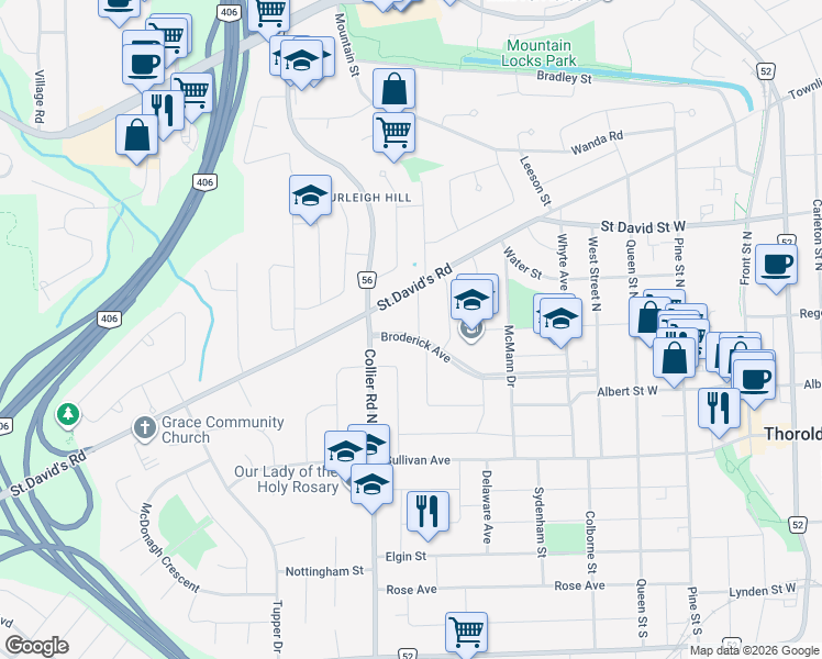 map of restaurants, bars, coffee shops, grocery stores, and more near 51 Parkdale Drive in Thorold