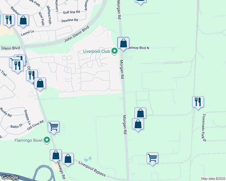 map of restaurants, bars, coffee shops, grocery stores, and more near 6 Avon Parkway in Liverpool