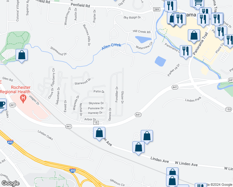 map of restaurants, bars, coffee shops, grocery stores, and more near 35 Fondiller Drive in Rochester
