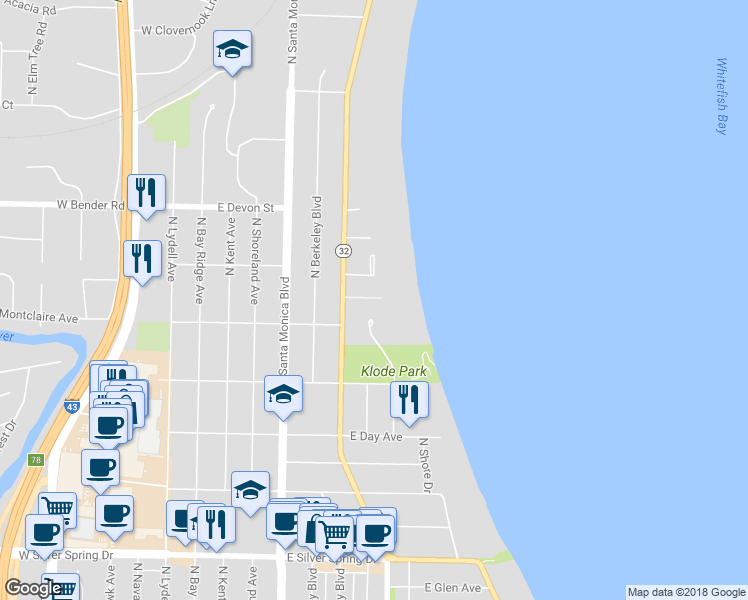 map of restaurants, bars, coffee shops, grocery stores, and more near 6024 North Lake Drive in Whitefish Bay