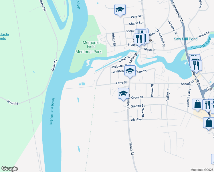 map of restaurants, bars, coffee shops, grocery stores, and more near 30 Ferry Street in Suncook
