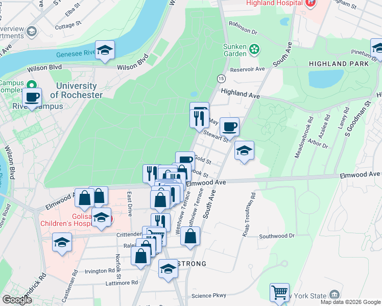 map of restaurants, bars, coffee shops, grocery stores, and more near 10 Gold Street in Rochester