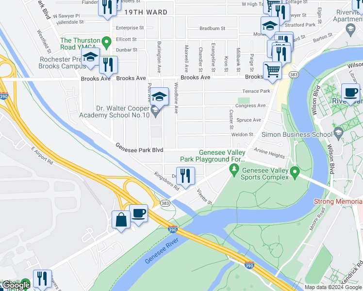 map of restaurants, bars, coffee shops, grocery stores, and more near 198 Genesee Park Boulevard in Rochester