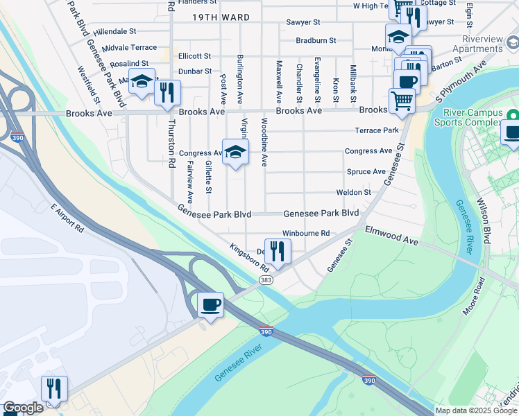 map of restaurants, bars, coffee shops, grocery stores, and more near 250 Genesee Park Boulevard in Rochester
