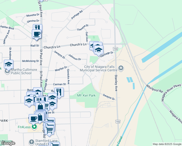 map of restaurants, bars, coffee shops, grocery stores, and more near in Niagara Falls