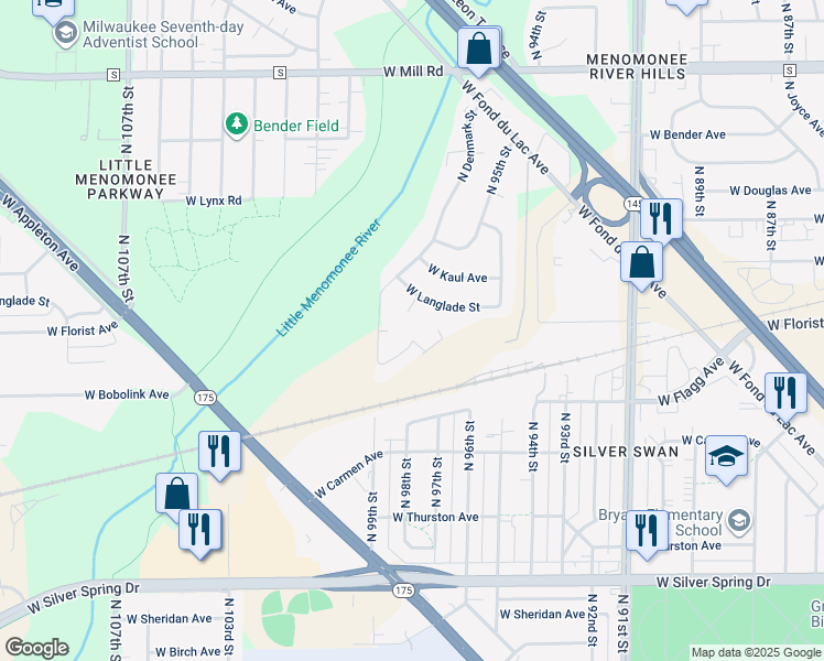map of restaurants, bars, coffee shops, grocery stores, and more near 9805 West Menomonee Park Court in Milwaukee