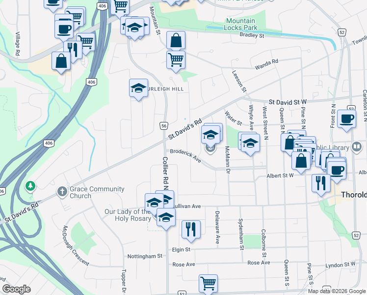 map of restaurants, bars, coffee shops, grocery stores, and more near 51 Parkdale Drive in Thorold