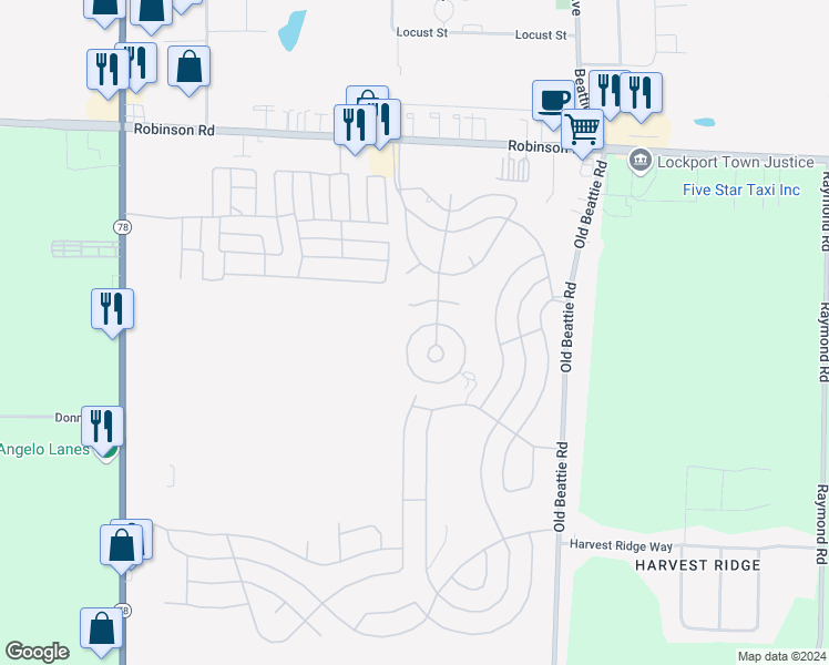 map of restaurants, bars, coffee shops, grocery stores, and more near 63 Elmhurst Drive in Lockport