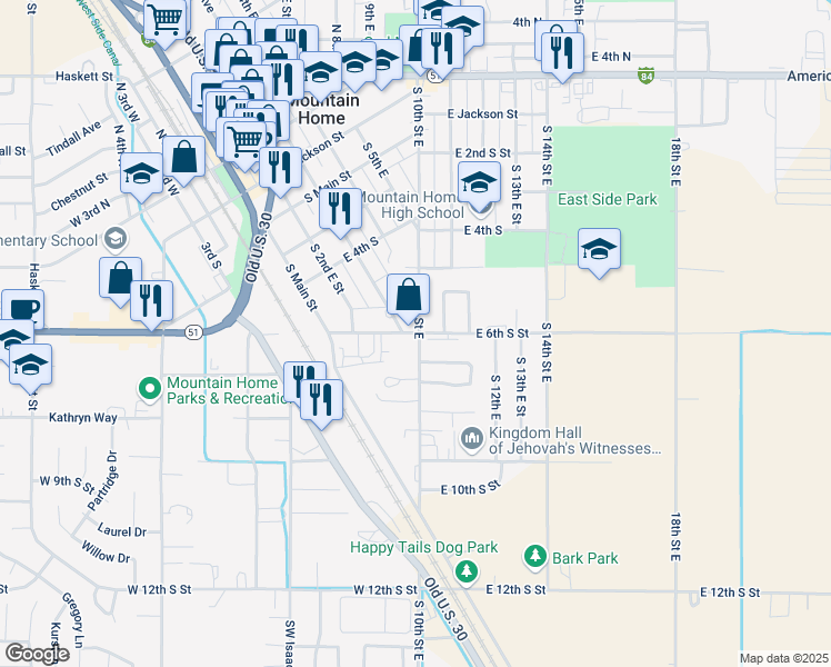 map of restaurants, bars, coffee shops, grocery stores, and more near 925 East 6th South Street in Mountain Home