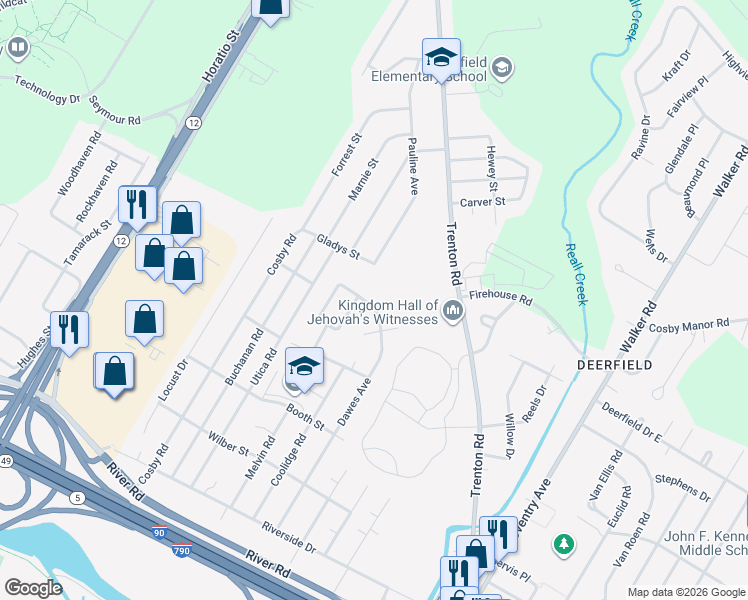 map of restaurants, bars, coffee shops, grocery stores, and more near 724 Dawes Avenue in Utica