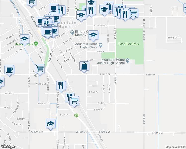 map of restaurants, bars, coffee shops, grocery stores, and more near 1075 East 6th South Street in Mountain Home