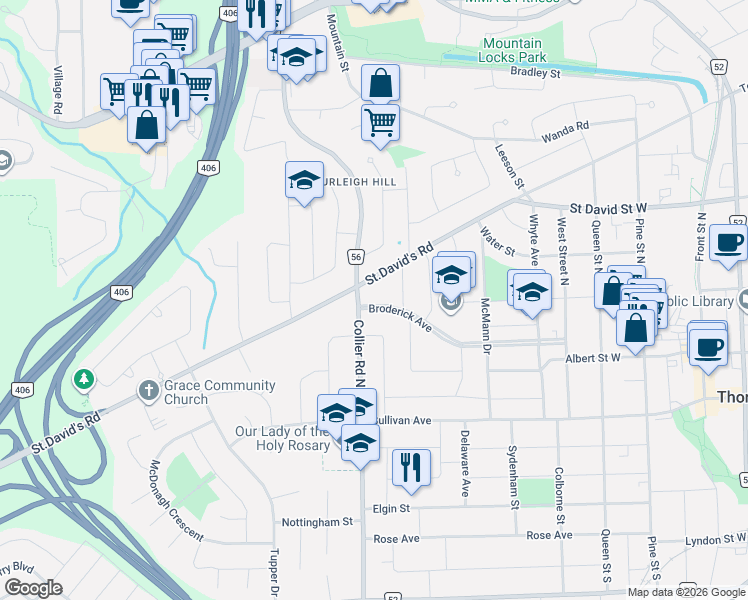 map of restaurants, bars, coffee shops, grocery stores, and more near 58 Broderick Avenue in Thorold