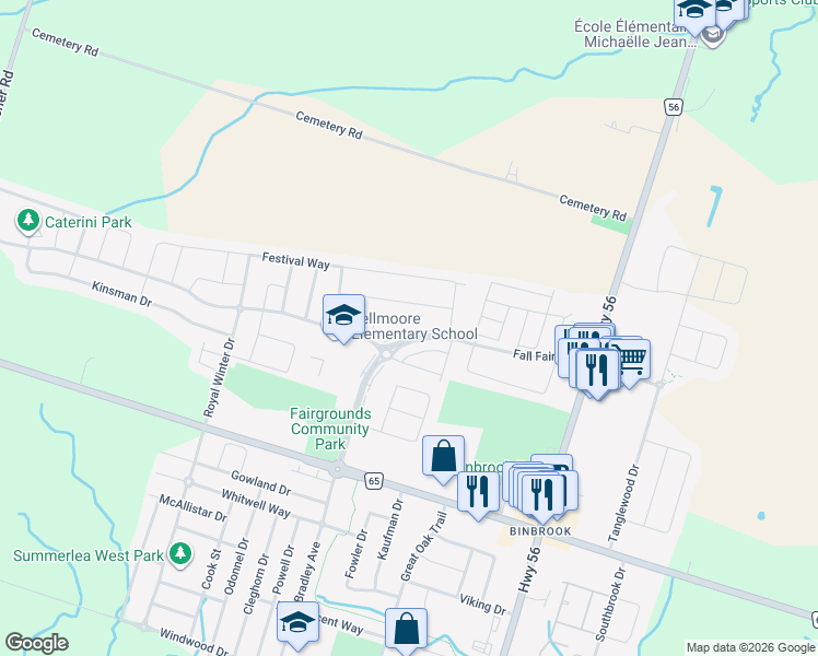 map of restaurants, bars, coffee shops, grocery stores, and more near 189 Fall Fair Way in Hamilton