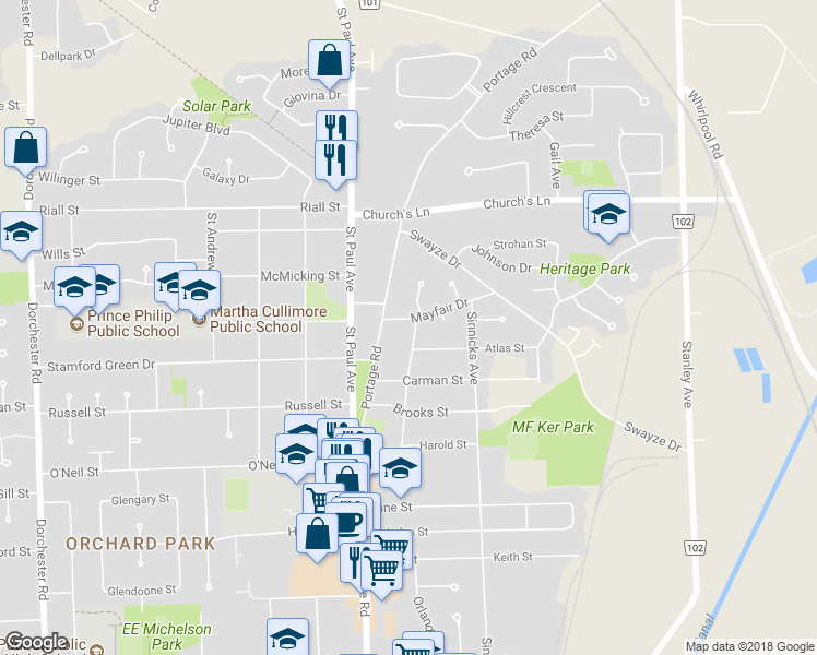 map of restaurants, bars, coffee shops, grocery stores, and more near 3169 Frances Avenue in Niagara Falls