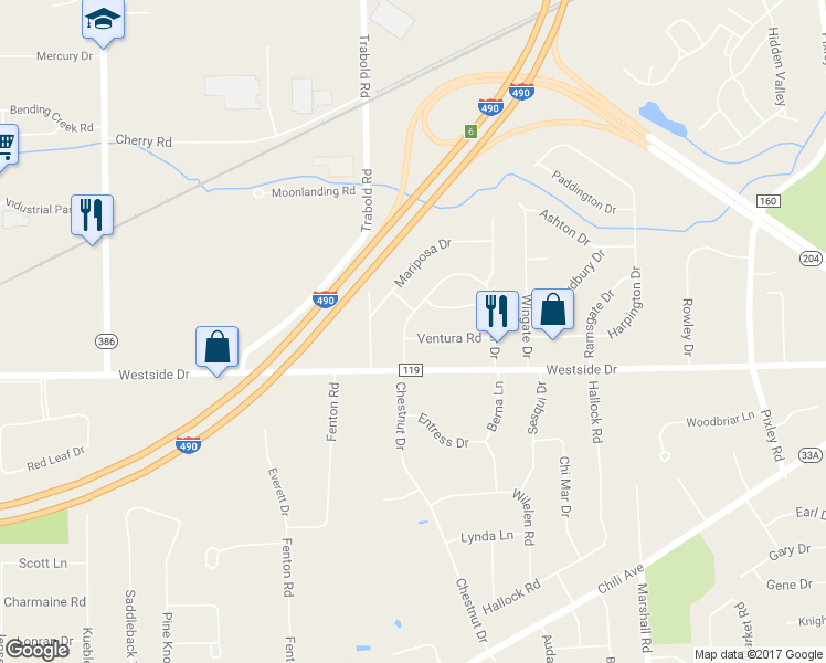 map of restaurants, bars, coffee shops, grocery stores, and more near 221 Westmar Drive in Rochester