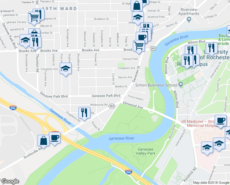map of restaurants, bars, coffee shops, grocery stores, and more near 40 Genesee Park Boulevard in Rochester