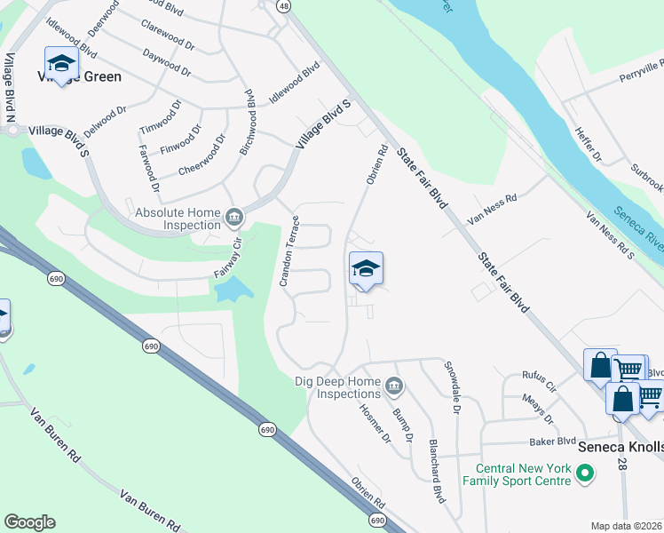 map of restaurants, bars, coffee shops, grocery stores, and more near 115 Dogleg Drive in Baldwinsville