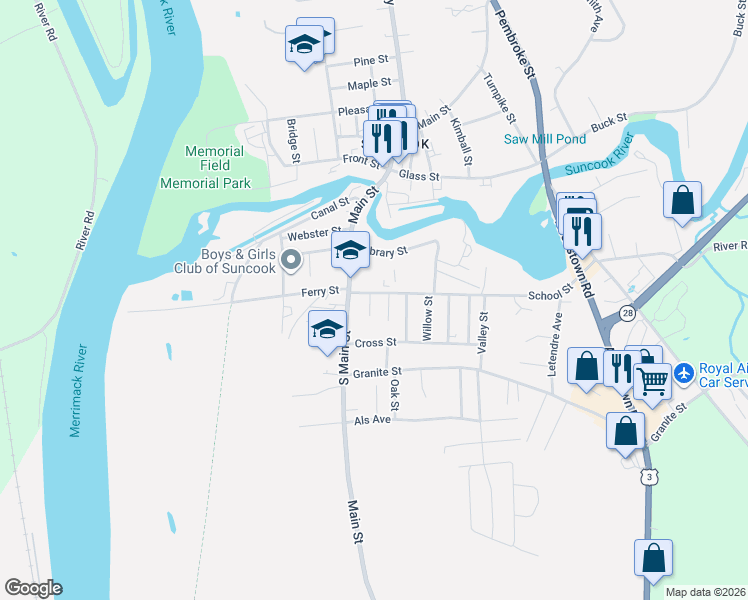 map of restaurants, bars, coffee shops, grocery stores, and more near 3 School Street in Allenstown