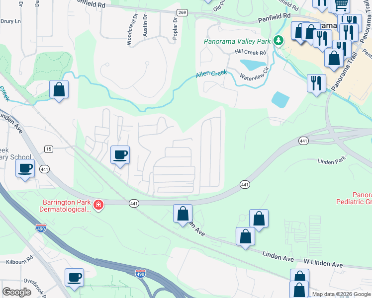 map of restaurants, bars, coffee shops, grocery stores, and more near 30 Patio Drive in Rochester