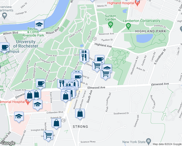 map of restaurants, bars, coffee shops, grocery stores, and more near 63 Langslow Street in Rochester