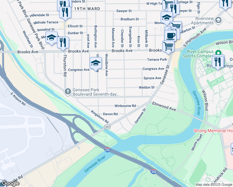 map of restaurants, bars, coffee shops, grocery stores, and more near 198 Genesee Park Boulevard in Rochester