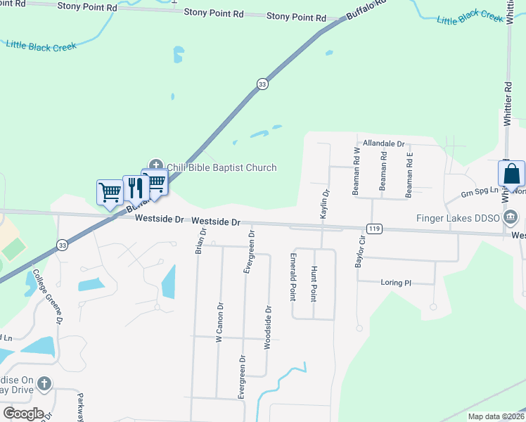 map of restaurants, bars, coffee shops, grocery stores, and more near 2096 Westside Drive in Rochester