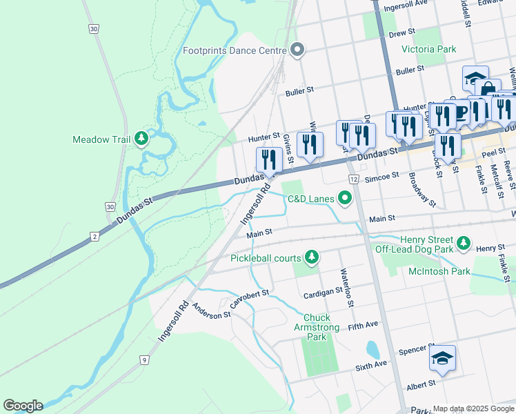 map of restaurants, bars, coffee shops, grocery stores, and more near 55 Ingersoll Road in Woodstock