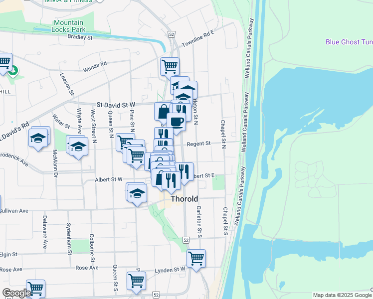 map of restaurants, bars, coffee shops, grocery stores, and more near 26 Ormond Street North in Thorold