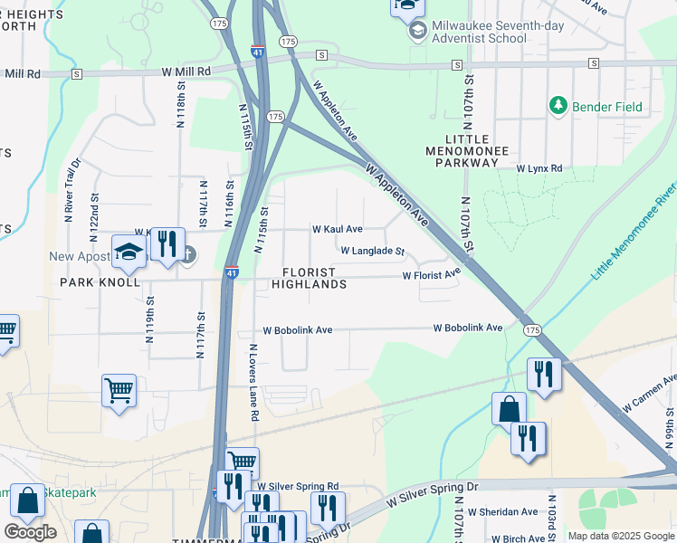 map of restaurants, bars, coffee shops, grocery stores, and more near 11140 West Florist Avenue in Milwaukee